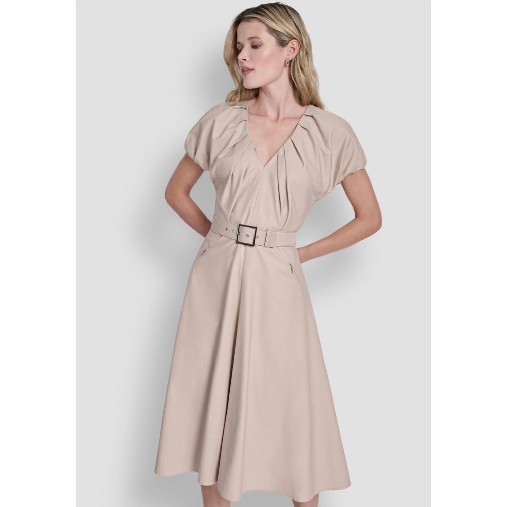 DKNY Womens Pleated V-Neck Belted Midi Dress Beige DD6A3Q32